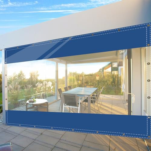 SDLLG Transparent Divider Curtains with Eyelets, PVC Outdoor Tarpaulin Curtains, 0.5 mm, Clear Side Tarpaulin for Gazebos, Pergola, Balcony, Gardens, Garage, Stem, 2.5 x 2.6 m (H x L), Blue