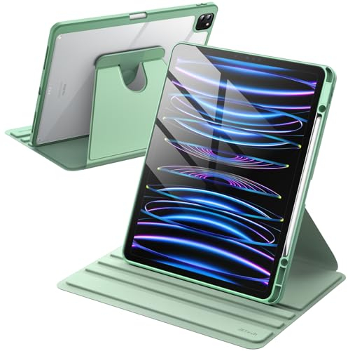 JETech Rotating Case for iPad Pro 12.9-Inch (2022/2021/2020/2018) with Pencil Holder, 360 Degree Rotation Protective Stand Cover Clear Back, Auto Wake/Sleep (Matcha Green)