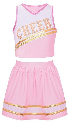 MSemis Cheer leader Kostüm Kinder Mädchen Cheerleading Uniform Cheerleadingkleid/Ärmellos Crop Top mit Minirock Halloween Tanzkostüm T Hell-Pink 134-140