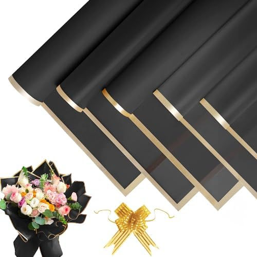 20 Blatt Blumenstrauß Geschenkpapier - Wasserdicht Wrapping Paper, Blumen Papier mit Band, Blumenpapier für Geschenkverpackungen, Blumen, Kunst und Handwerk (Schwarz, 58x58cm)