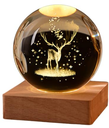 Demiawaking USB 3D Kristallkugel mit Holzsockel 3D Sonnensystem mit LED, Tischdeko Planet Lampe Nachtlicht, Geburtstag Kinder Geschenke, Party Deko (Elch mit Quadrat Holzsockel)