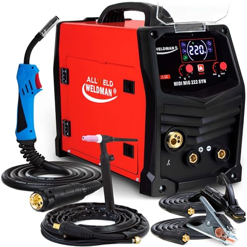 Weldman MIDI MIG 222 - Saldatrice a Filo Continuo con Gas 220A - Incluse Torce MIG e TIG - Saldatrice Inverter Professionale Sinergica - Funzioni di Saldatura a Filo Animato, MMA e TIG DC