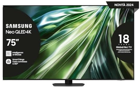 Samsung TV QE75QN90DATXZT Neo QLED 4K Mini LED, Smart TV 75 Processore NQ4 AI Gen2, Neo SLim, DVBT-2, Q-Symphony & Dolby Atmos, Integrato con Alexa, Titan Black 2024