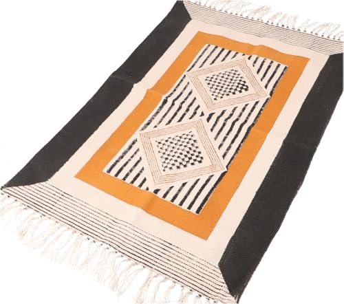 Handgewebter Blockdruck Teppich, indischer Baumwollteppich, honig/schwarz | 100% Baumwolle, handgewebt, einzigartige Blockdrucktechnik, ideal für jeden Einrichtungsstil, Maße 160x95 cm