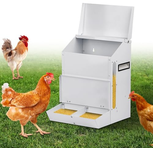 MUALROUS 25LBS Automatischer Hühnerfutterautomat mit Deckel Rattensicherer | Metall Geflügelfutterautomat Hängender Spender