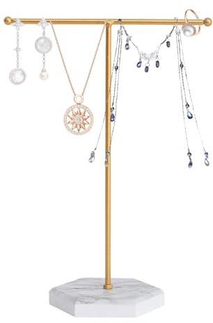 XUSSMM Schmuckständer, Gold T-Form Schmuckständer, Metall Kettenständer, Schmuck Ständer mit Marmor-Muster runden Tablett, Ketten Aufbewahrung für Ketten Ohrringen Ringen Uhren