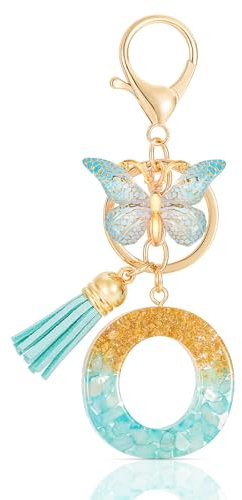 MWOOT Initiale Letter Keychains Porte Clé Lettre O,Alphabet Initial Keyring avec Papillon Pendentif,Vert Feuille D'or Key Ring pour Femmes Filles Portefeuilles Sac à Main Bagages Charme(O)