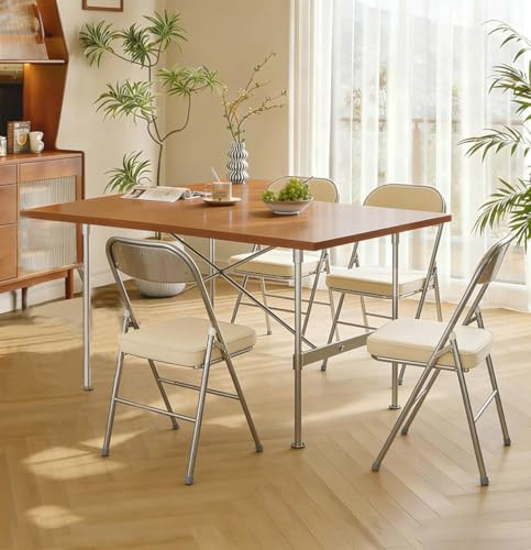4er Set Gepolsterten Klappstühle aus Starker Stahlrahmen bis 175KG, Beige | Klappstuhl Leder, Keine Montage Erforderlich, Klappbare Esszimmerstühle Geeignet für Küche, Gäste, Büro, Partys, Balkonund