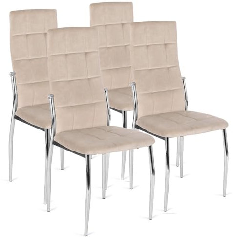 MEBEL ELITE - Esszimmerstühle 4er Set in Velourstoff - Esszimmerstühle Beige 101 x 46 x 48 [cm] - Küchenstühle Modern - Weiche Esstischstühle - Stabile Essstühle, leicht zu reinigen