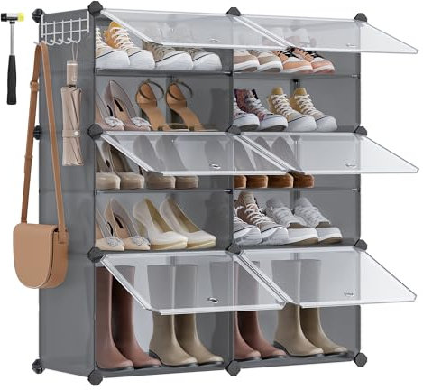 SONGMICS Schuhregal, Schuhschrank mit 6 Fächern, für Garderobe und Eingangsbereich, für bis zu 24 Paar Schuhe, anpassbar, schiefergrau-transparent LPC033G01