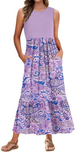 PLMOKEN Robe Longue D'Été pour Femmes Maxi Robe De Plage Robe Longue Décontractée Col Rond avec Poches