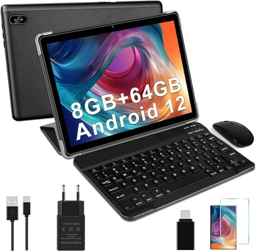 DMOAO Tablettes 10 Pouces Android 12 avec 5G WiFi, 4GB RAM(4 Go Extensible) 64 ROM 1TB Extensible, 8 cœurs 2.0 GHz, Bluetooth 5.0, 6000mAh, 2 en 1 Tablette Tactile avec Clavier et Souris et Cas, Noir