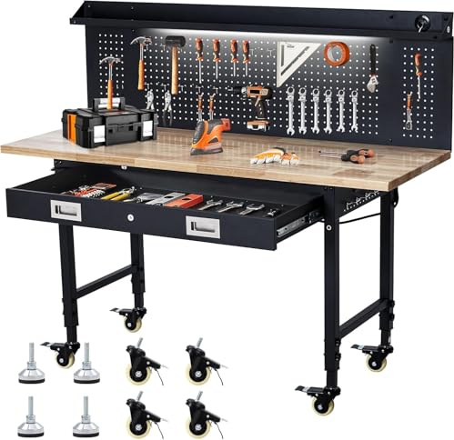 Heavy Duty Adjustable Workbench 60x22 (153x56cm) with Rubber Wood Top and Pegboard – Rolling Worktable with Drawer Storage, Power Outlet & Lockable Wheels, 2000 lb Capacity Hardwood