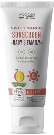 Wooden Spoon Crème Solaire Bio Bébé & Famille “Sweet Mango” SPF 50 – 100% Naturelle, Zinc Invisible, Sans Trace Blanche, Hypoallergénique, Vegan, Résistante à l’eau – 100 ml
