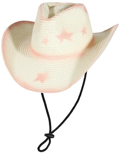 GEMVIE Straw Cowboy Hats for Women Mens Summer Straw Hat Stars Pattern Shapeable Brim Cowgirl Hat for Outdoor with Chin Strap Pink