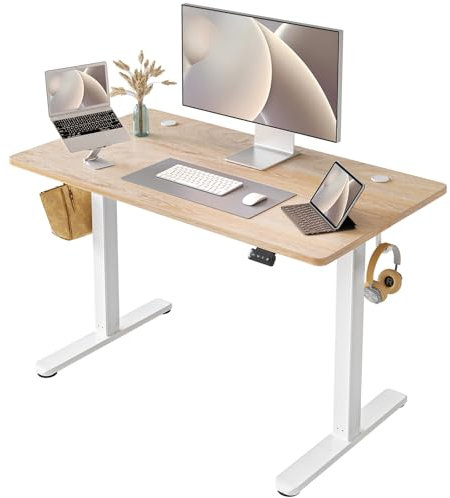 FEZIBO Bureau électrique réglable en Hauteur - 100 x 60 cm - Bureau Debout réglable avec Commande à mémoire de Forme - Planche Chêne Blanc