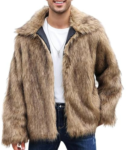 Gihuo Faux Fur Coat Winter Jackets for Men Mens Winter Coats Faux Fur Jacket Warm Fluffy Furry Trench Fake Fur Jacket (Brown-XL)