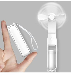 Mini Bear-Ear Portable Fan with Built-in Power Bank – Foldable USB Rechargeable Handheld Desk Fan – Quiet, Cute & Compact – Travel-Friendly – 7.5 x 19 cm – Brown, Pink, White, Blue, Green (White)