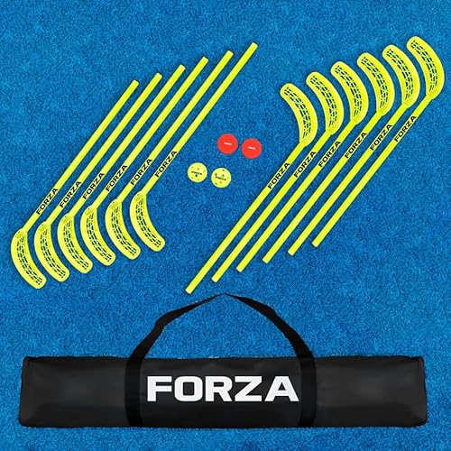 FORZA Plastic Hockey Set for Kids | 12 Durable 35in Sticks with 2 Pucks 2 Balls and Carry Bag – Lightweight Safe Training Equipment for School, Club and Recreational Play