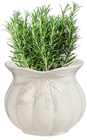 Ceramic Plant Pots Indoor Jardinière Flower Pots with Embossed Wheatsheaf Bow Design Rustic Style Home Décor Windowsill Herb Succulent Cacti Houseplant Planter Table Centrepiece (White)