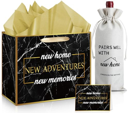 New Home Wine Gifts Bag and Housewarming Gifts Bag Set 11.8“ Black Gold New Home House Homeowner Wrapping Gift Bag with Tissue Paper Card New Adventure Present Wine Bottle Wrap Bag for Men Women
