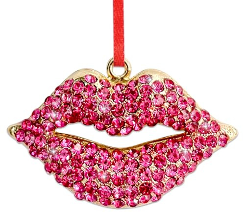 BIZIBAFF Pink Lips Christmas Ornament for Women Girls - Metal Sparkly Rhinestones Sexy Lips Ornaments for Christmas Tree Decorations - Lipstick Makeup Christmas Keepsake Gifts