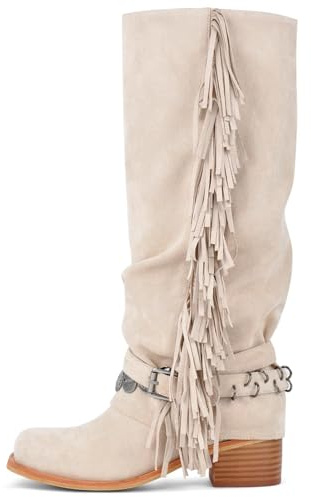 KISTANIA Riding Boots for Women White Knee High Fringe Western Boots Suede White Square Toe Chunky Block Heel Pull-On Leather Fashion Buckle Strap Fold-Over Slouchy Booties Size 9
