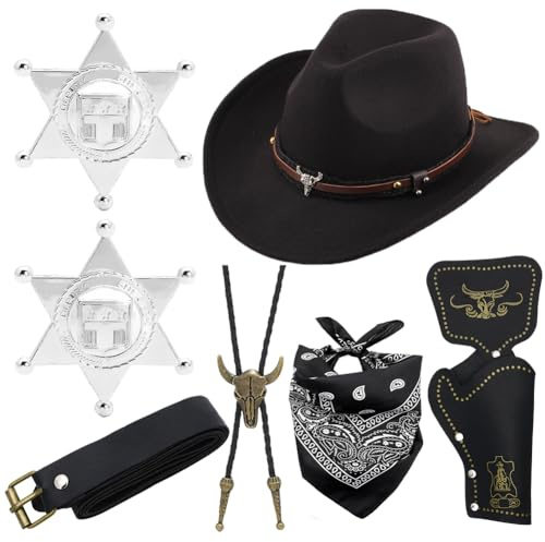 Cowboy Kostüm, 7PCS Western Cowboys Cosplay Kleidung Kit mit Cowboyhüte Bandana Holster Gürtel Halskette Abzeichen Western Cowboys Hut Cowboy Kostüm Zubehör für Erwachsene Halloween(Schwarz)