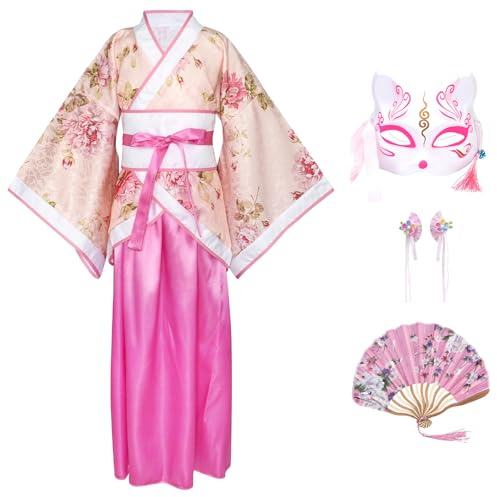 CRFASIBE Costume Hanfu Fille, Déguisement Chinois, Taille 130/140/150 cm | Costume Chinoise Enfant avec Accessoires, Coffret Cadeau, 7 à 13 Ans, Vêtement pour Carnaval, Cosplay, Fête, Spectacle