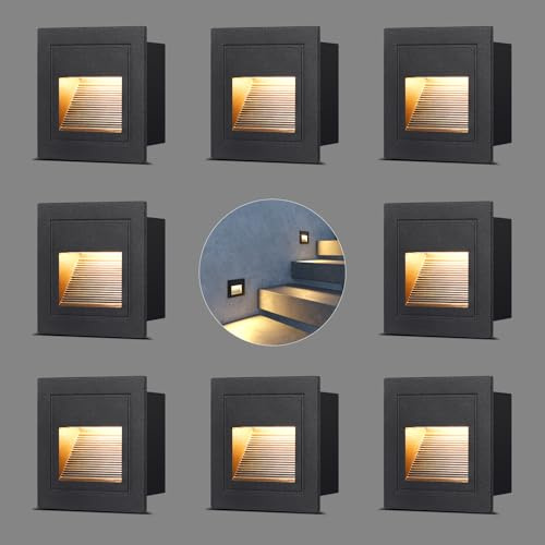 VivaLet 8 Stück LED Treppenbeleuchtung 3W 300LM, Treppenlicht Innen 230V 3000K, IP65 Treppenstufenbeleuchtung Außen Aluminium, Unterputzdose 68mm, 85 x 85mm, Stufenbeleuchtung Treppe Schwarz