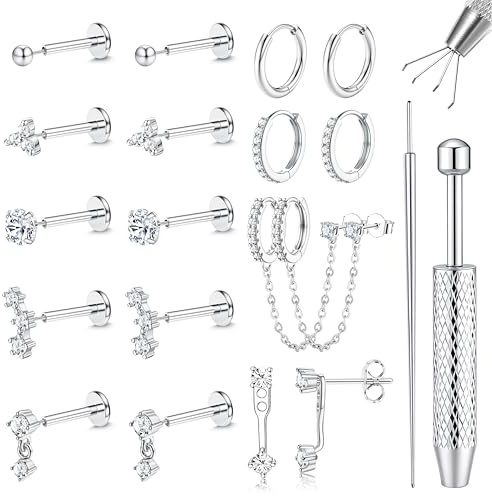 Chriscoco 16G/18G/20G Helix Piercings Chirurgenstahl Creolen Ohrringe Set für Damen 14K Vergoldet Medizinische Ohrstecker Silber Nasenpiercing Labret Conch Tragus Piercing Set Piercing Ohr-A-16G-S