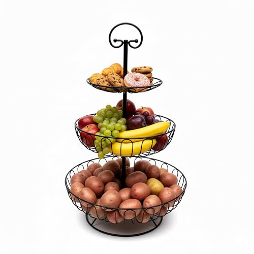 Relaxdays Obst Etagere, 3-stöckig, Metall, HxD: 47 x 30 cm, Obst, Gemüse, mit Griff, runde Obstschale, Obstkorb, schwarz