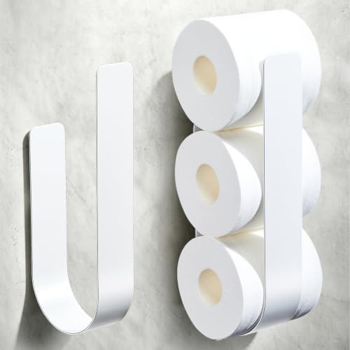 Toilet Roll Storage Holder Wall Mounted for 3 Rolls, Metal Black Self Sdhesive Spare Ioo Roll Storage Stand for Bathroom, White, (2pack)