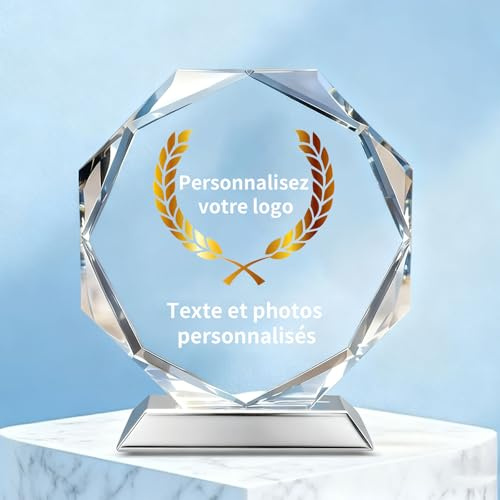 Trophée Personnalisable en Cristal Gravé - Gravure sur Mesure pour Logo et Texte - Cadeau d'entreprise pour Récompense Employé, Reconnaissance, Départ à la Retraite et Cadeau pour Collègue (Octogonal)