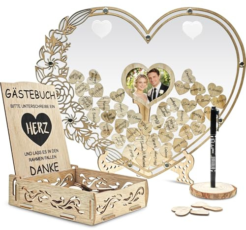 Gästebuch Hochzeit Holz,Gästebuch Hochzeit,Hochzeitsgästebuch mit 100 Holzherzen für Hochzeitsfeiern und Geburtstage, personalisierte Hochzeitsdekoration mit Gäste-Anmeldefeld und Herzrahmen für Fotos