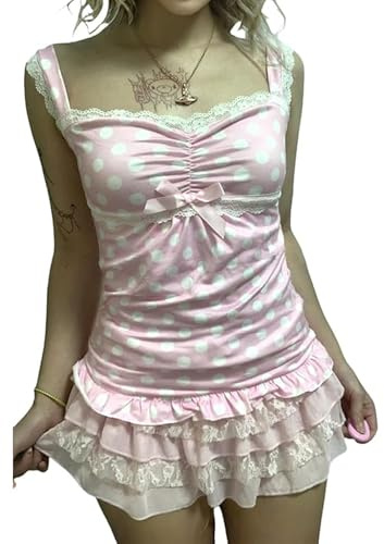 Y2k Damen-Tanktop mit Spitzenbesatz, Vintage-Stil, V-Ausschnitt, ärmellos, Cami-Shirt, 2000er-Jahre, Grunge-Stil, Kleidung für Teenager-Mädchen