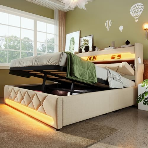 Polsterbett Doppelbett 140*190, Stauraum Kopfteil mit USB und Typ C-Port ,360-Surround-LED-Funktion rund um Kopf- und Fußende des, Betten mit Hydraulisch Stauraum, Beige , Leinen(Ohne Matratze)