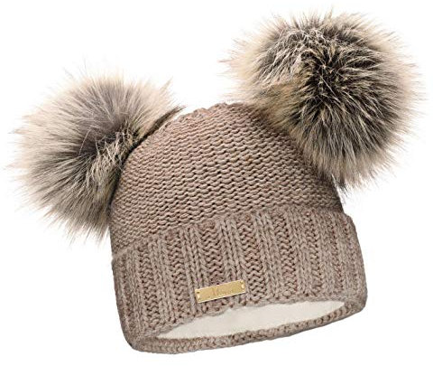 Mikos* Damen Wurm Winter Beanie Strickmütze Skimütze Wintermütze mit Zwei Pom Pom (689) (Mokka)