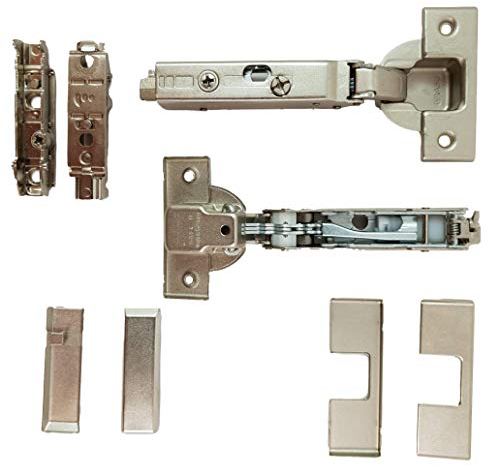 Set bestehend aus: 2 x GRASS Tiomos Möbel - Scharnieren (Topfband), gedämpft, 110°, 2 LINEARE Montageplatten und 4 Abdeckkappen. Ausführung: Eckanschlag von UMAXO®