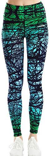 COOLOMG Damen Sport Leggings Laufhose lang mit Taschen Yogahose Kompressionshose Zweig_grün L