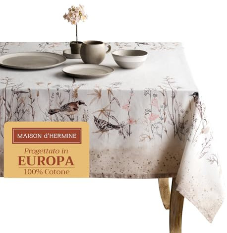 Maison d' Hermine Tischdecken 100% Baumwolle 140 cm x 180 cm Dekorative waschbare quadratische Tischdecke Ostertischdecke für Essen, Küche, Party und Camping Wiesenblumen – Braun – Frühling/Sommer