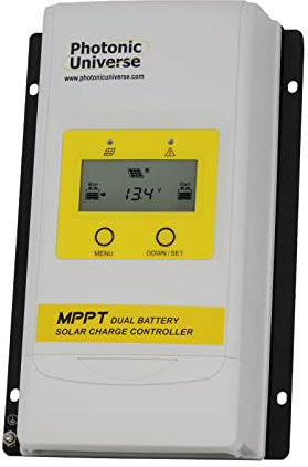 Photonic Universe 10A dual battery MPPT solar charge controller with LCD display for solar panels up to 130W (12V battery system) / 260W (24V battery system)