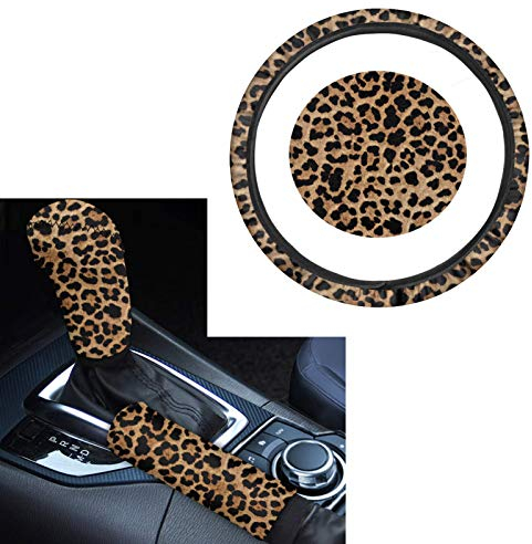 Woisttop Autozubehör-Set, Leopardenmuster Lenkradbezug für Frauen Universal Fit 14-15 Zoll mit Handbremse Abdeckung Schaltgetriebe Auto Dekoration