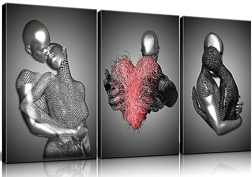 Framed 3 Pcs Love Heart 3d Wall Art Metal Sculpture Romantic Couple Abstract Art Prints Posters Decor Grey Black and White Canvas Printsfor Bedroom Living Room Bathroom Hotel Valentine'S Day ready to