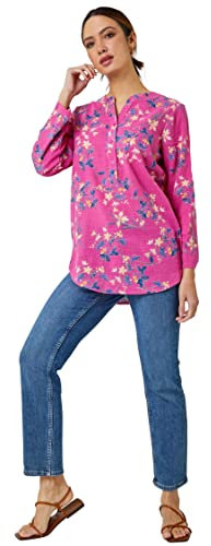 Roman Shirt for Women UK Ladies Top Collarless Blouse Stretchy Tunic Smart Casual Autumn Winter Jersey 3/4 Length Sleeve Notch V Neck Flattering Office Work - Pink Yellow - Size 18