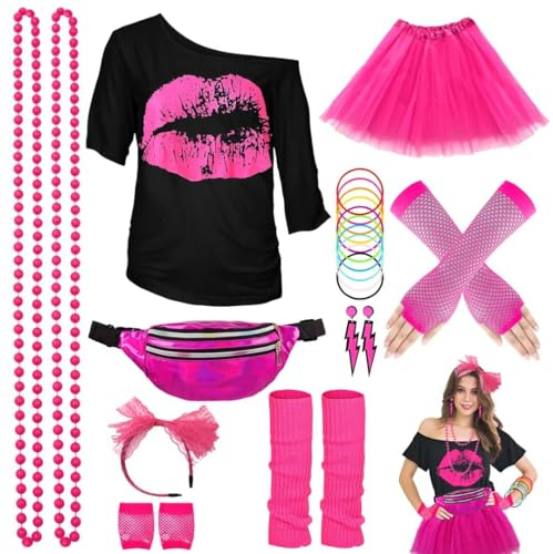 80er Jahre Outfit Damen Set, T-Shirt, Tutu, Gürteltasche, Stirnband, Ohrring, Halskette, Netzhandschuhe, 80er Jahre Kleidung Kostüm Neon Accessoires Thema Party Karneval Clothes-80SMouth-Pink-S