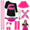 80er Jahre Outfit Damen Set, T-Shirt, Tutu, Gürteltasche, Stirnband, Ohrring, Halskette, Netzhandschuhe, 80er Jahre Kleidung Kostüm Neon Accessoires Thema Party Karneval Clothes-80SMouth-Pink-S
