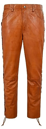 Mens Biker Leather Trouser Tan Wax Laced Motorcycle Style 100% Napa Trouser Pant 00126 (as1, Waist, Numeric_32, Regular)