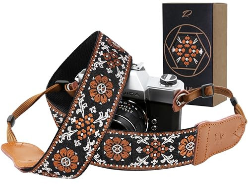 Padwa Lifestyle Camera Strap - 2 Wide Double Layer Cowhide Head Cotton Strap,Vintage Jacquard Embroidery Universal Neck & Shoulder Camera Straps for Photographers and All DSLR Cameras (Brown flower)