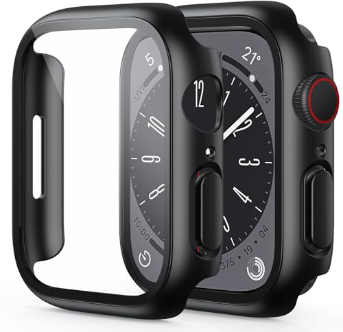 OMOTON für Apple Watch Series 9/8/7 41mm Schutzhülle, Kompatibel mit Apple Watch Series 9/8/7 41mm Glas Displayschutz, Einfache Installation, Anti- Kratzer, Bläschenfrei, 2 Stück, Schwarz